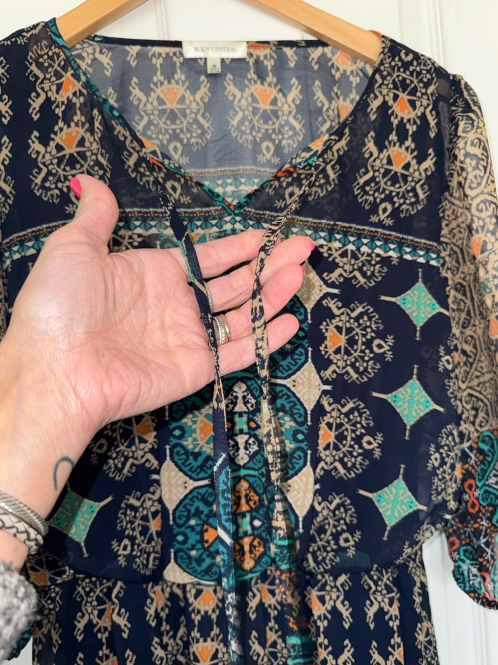Boho Print Mini Dress | Navy/Teal Peasant Dress Flowy Festival Boutique Dress M - Picture 2 of 6